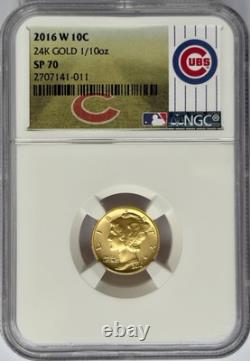 2016 W 10C 24K Gold 1/10oz Mercury Dime NGC SP 70 Chicago Cubs Label With OGP