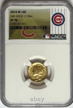 2016 W 10C 24K Gold 1/10oz Mercury Dime NGC SP 70 Chicago Cubs Label With OGP