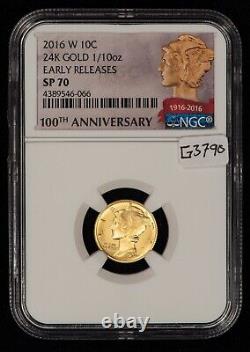 2016-W 10c 1/10 oz Gold 24k Mercury Dime Centennial 100th Anniv NGC SP 70 G3790