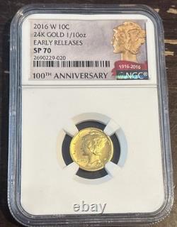 2016-W 10c Mercury Dime 24K Gold 1/10oz NGC SP70 Early Release