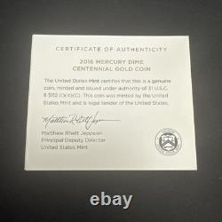 2016 W 1/10 Oz Gold Centennial Mercury Dime 24k. 9999 Fine Gold OGP
