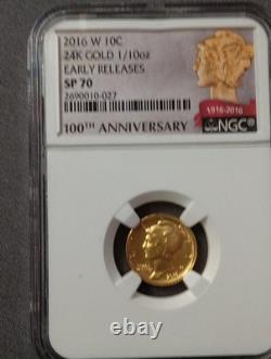 2016-W 1/10 oz Gold Mercury Dime First Releases 100th Anniversary SP-70 NGC