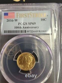 2016 W 24k Gold 1/10oz 100th Anniversary Mercury Dime PCGS SP69 First Strike