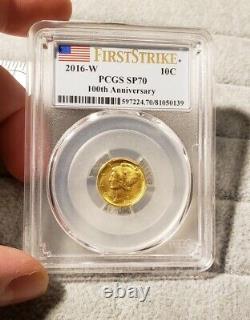 2016-W Mercury Dime 100th Anniversary Gold Coin PCGS SP70 First Strike 1/10 oz