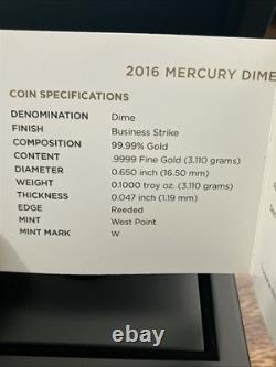 2016 W Mercury Dime Centennial 24k Gold Coin 10¢ Uncirculated 16XB. 9999