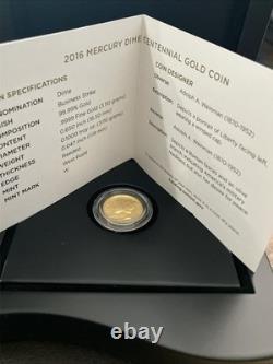 2016 W Mercury Dime Centennial 24k Gold Coin 10¢ Uncirculated 16XB. 9999