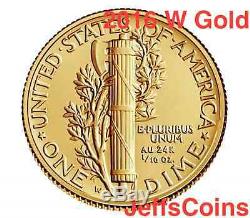 2016 W Mercury Dime Centennial Gold Coin 10¢ Uncirculated 16XB. 9999 24k 1916