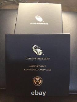 2016-W Mercury Dime Centennial Gold Coin withOGP & COA 99.99% 1/10th Oz Gold