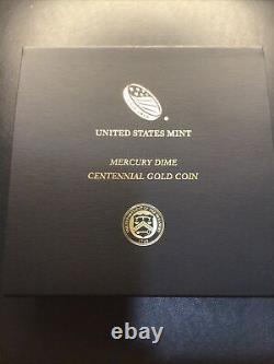 2016-W Mercury Dime Centennial Gold Coin withOGP & COA 99.99% 1/10th Oz Gold