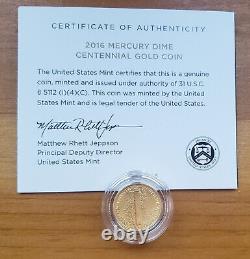 2016-W Mercury Dime Centennial Gold Coin withOGP & COA 99.99% 1/10th Oz Gold