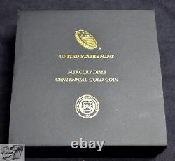 2016 W Mercury Dime Centennial Gold Coin with BOX, COA, 1/10 oz 999 Gold