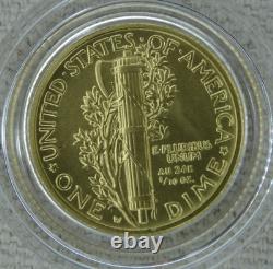 2016-W Mercury Dime Gold OGP 1/10 Oz. 999 US Mint 10C Coin Box & COA