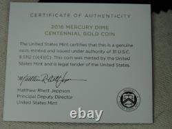 2016-W Mercury Dime Gold OGP 1/10 Oz. 999 US Mint 10C Coin Box & COA