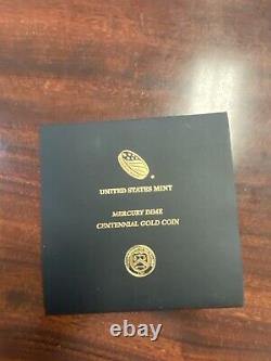2016 W US Gold Mercury Dime Centennial 1/10 oz Gold Coin With Mint Box & COA