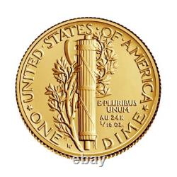 2016-w Gold 1/10 Oz Mercury Dime 100th Anniversary Ogp Box Coa