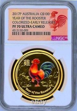 2017 P Australia PROOF Colorized GOLD $100 Lunar Year ROOSTER NGC PF70 1 oz Coin