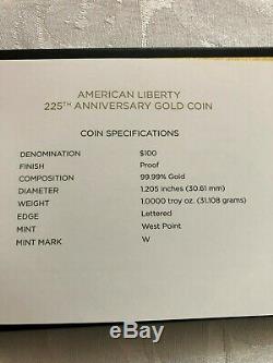 2017 W $100 Gold Liberty High Relief 225th Anniversary Complete OGP with book