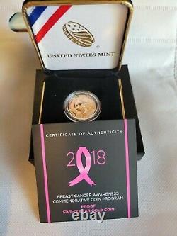 2018-W $5 Gold Proof, Breast Cancer Awareness Commemorative Coin With BOX & COA