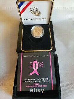 2018-W $5 Gold Proof, Breast Cancer Awareness Commemorative Coin With BOX & COA