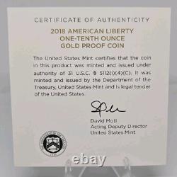 2018-W American Liberty United States 1/10 oz. 9999 Fine Gold Proof Coin WithCOA