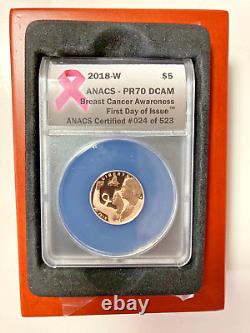 2018- W Breast Cancer Awareness $5 rose gold coin ANACS PR 70 DCAM FDOI 024/523