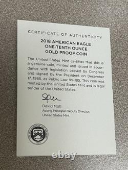 2018-W G$5 1/10 oz Gold American Eagle Liberty Proof COA OGP