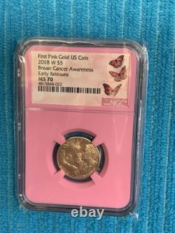 2018-W MS70 by NGC BREAST CANCER AWARENESS COMM. 1st $5 ROSE GOLD COIN. EARLY