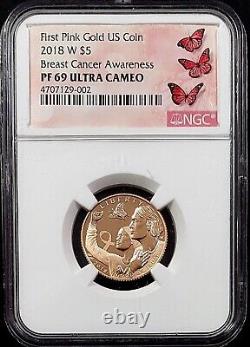 2018 W Proof Breast Cancer Awareness $5 gold, NGC PF 69 Ultra Cameo! Rare