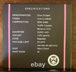 2018-W US Mint Breast Cancer Awareness $5 Uncirculated Gold Coin OGP & COA