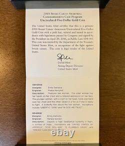 2018-W US Mint Breast Cancer Awareness $5 Uncirculated Gold Coin OGP & COA