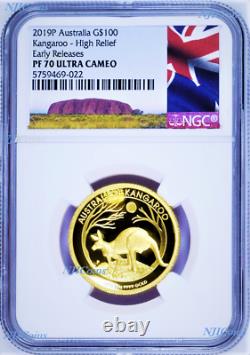 2019 Australia Kangaroo PROOF High Relief 1oz. 9999 GOLD $100 NGC PF70 Coin ER