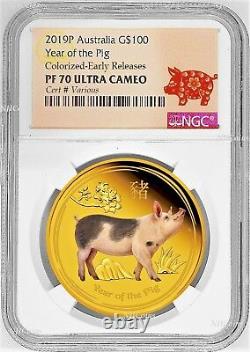 2019 P Australia PROOF COLORED GOLD $100 Lunar Year of the PIG NGC PF70 1oz Coin