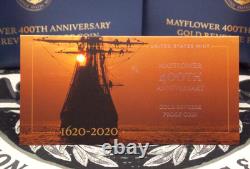 2020 W $10 Reverse Proof MAYFLOWER 400th Ann 1/4oz. 9999 Fine Gold Box & COA