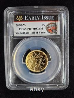 2020-W $5 Basketball Hall of Fame Gold Coin PCGS PR70 Early Issue withWood Case