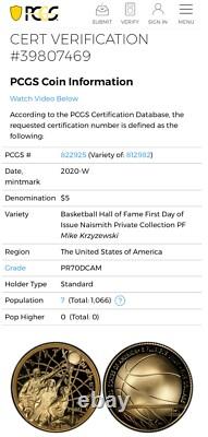 2020 W $5 Proof Gold Basketball Pcgs Pr70 Dcam Fdi Mike Krzyzewski Signed Pop 7