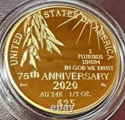 2020-W End of World War II 75th Anniversary Gold Coin 1/2 oz $25 Proof w Box/COA