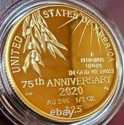 2020-W End of World War II 75th Anniversary Gold Coin 1/2 oz $25 Proof w Box/COA