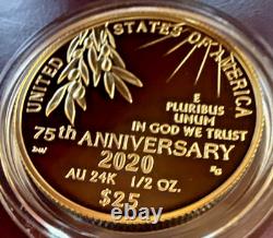 2020-W End of World War II 75th Anniversary Gold Coin 1/2 oz $25 Proof w Box/COA