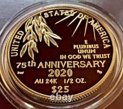 2020-W End of World War II 75th Anniversary Gold Coin 1/2 oz $25 Proof w Box/COA