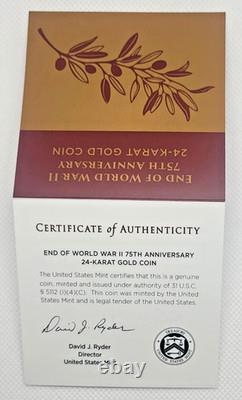 2020-W End of World War II 75th Anniversary Gold Coin 1/2 oz $25 Proof w Box/COA