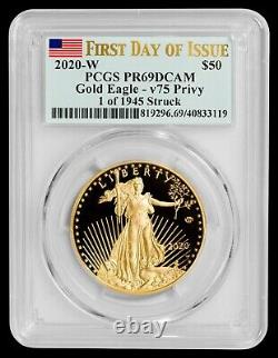 2020-W Gold Eagle WWII V75 Privy PCGS PR69DCAM FIRST DAY OF ISSUE -MINTAGE 1945