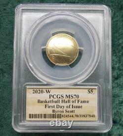 2020 W PCGS MS70 GOLD Basketball Hall of Fame $5 Coin, Byron Scott Autograph