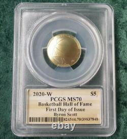 2020 W PCGS MS70 GOLD Basketball Hall of Fame $5 Coin, Byron Scott Autograph