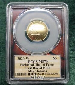 2020 W PCGS MS 70 GOLD Basketball $5 Coin, LA Lakers Magic Johnson Autographed