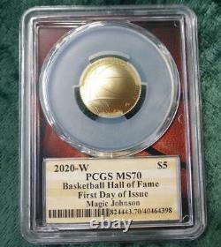 2020 W PCGS MS 70 GOLD Basketball $5 Coin, LA Lakers Magic Johnson Autographed