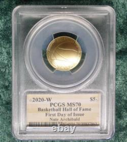 2020 W PCGS MS 70 GOLD Basketball Hall of Fame $5, Nate Archibald Autographed