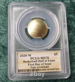 2020 W PCGS MS 70 GOLD Basketball Hall of Fame $5, Nate Archibald Autographed