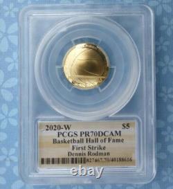 2020 W PCGS PR 70 D-Cam GOLD Basketball Hall of Fame $5, Dennis Rodman Signed
