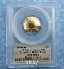2020 W PCGS PR 70 D-Cam GOLD Basketball Hall of Fame $5, Dennis Rodman Signed