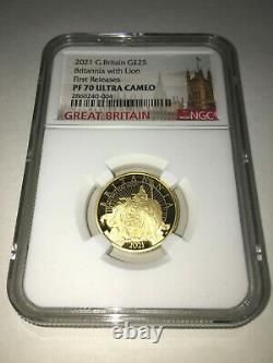2021 UK Britannia with Lion £25 1/4oz Gold Proof Coin NGC PF70 UC First Releases